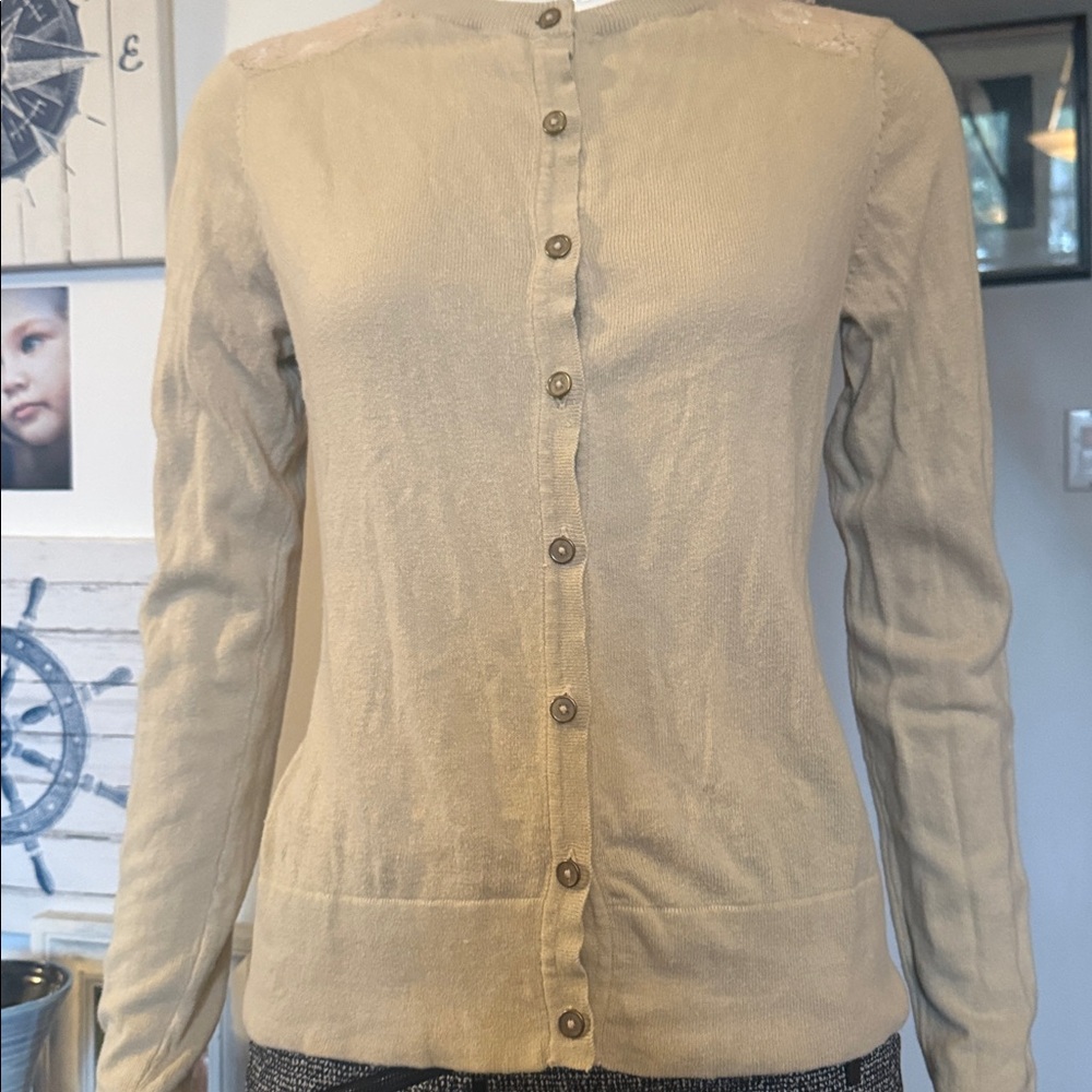 George size medium hundred % cotton open lace back Beige Button-Up Cardigan - Picture 3 of 6